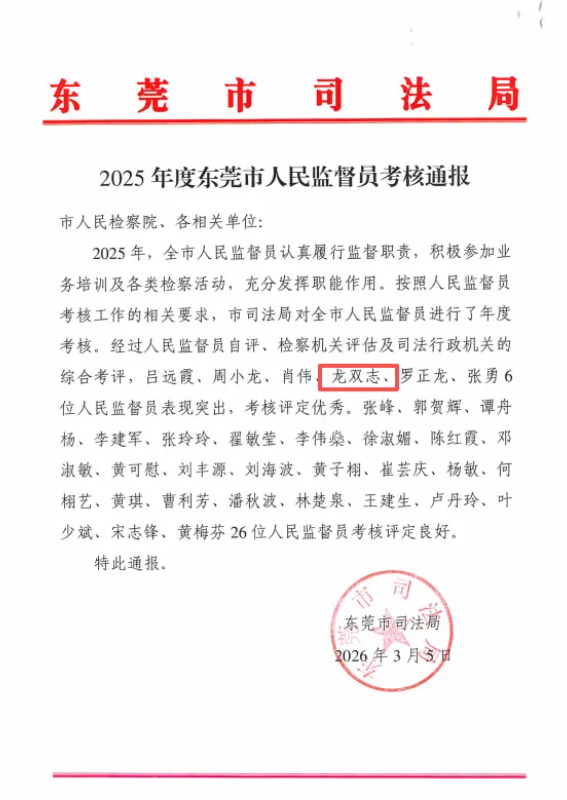 喜讯|闻彰所龙双志律师获评2025年度东莞市优秀人民监督员